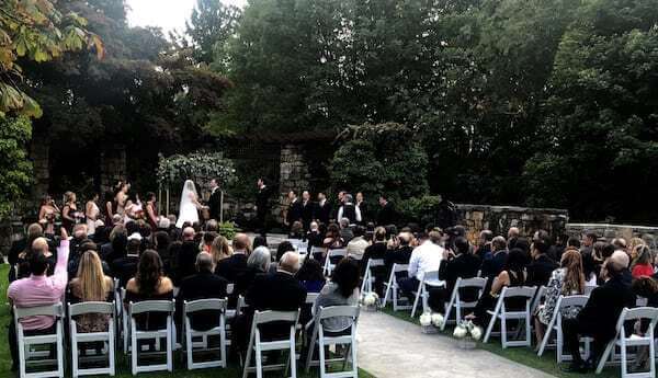 wedding ceremony at Le Chateau view from back