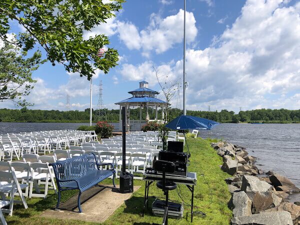 Expressway Music DJ Set up by Gazebo before Wedding Ceremony by Mercer Lake in NJ
