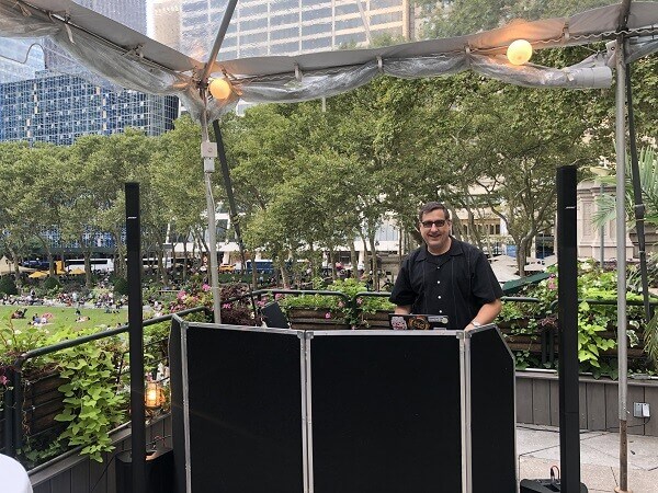 DJ Dave and his dj set-up on Roof of Bryant Park Grill over looking Bryant Park!