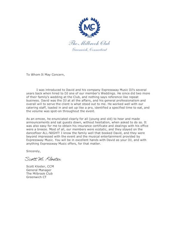 rook Country Club Letter of recommendation for Expressway Music DJ's