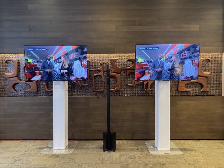 two 65" led screen rental on skirted stand with bose speaker in the middle